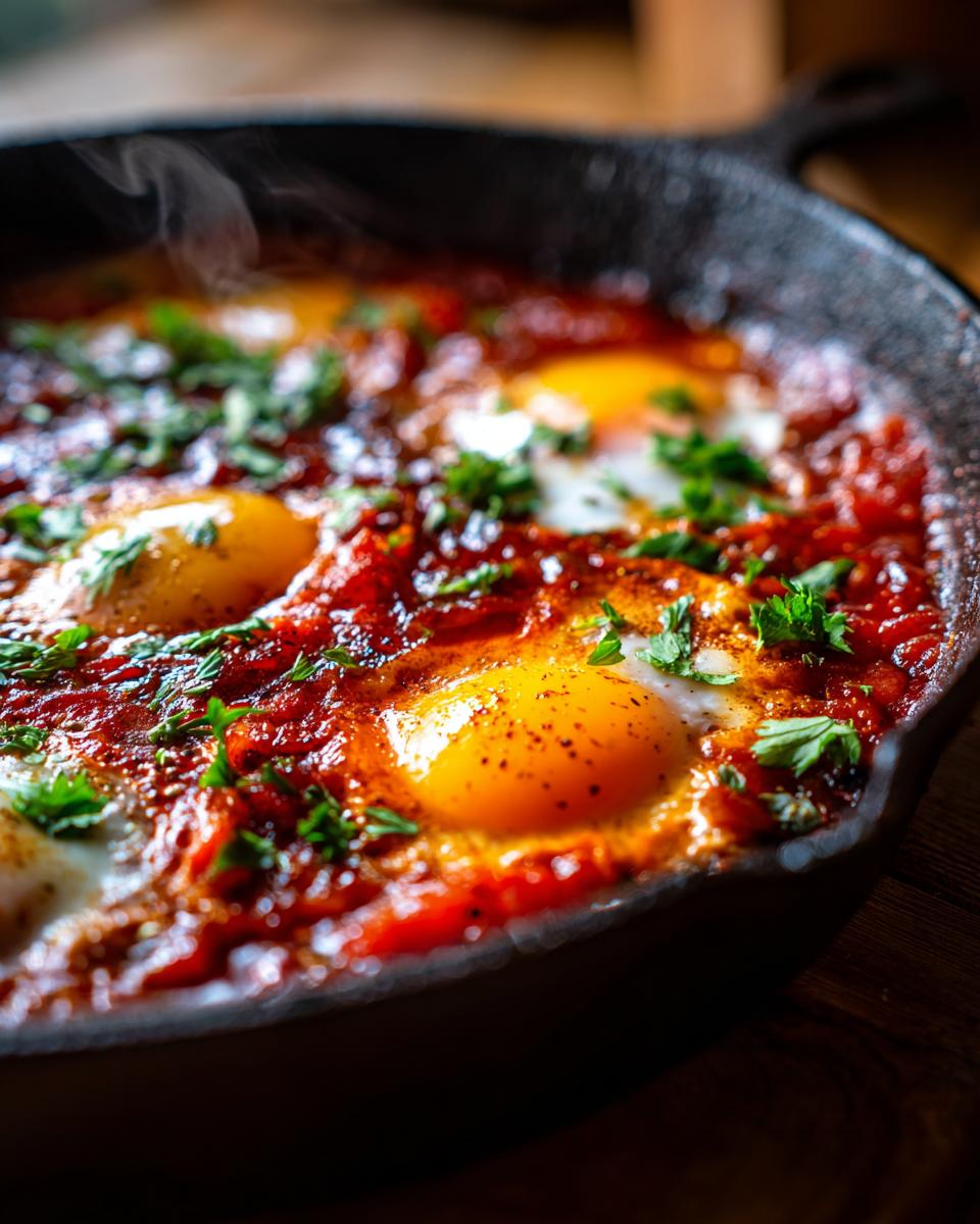 Shakshuka (poached eggs in spiced tomato‑pepper sauce) - detail 1