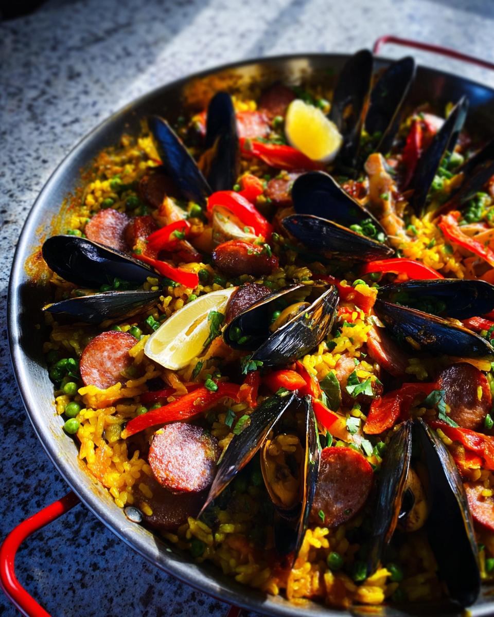 Spanish seafood paella with saffron, mussels and chorizo - detail 1