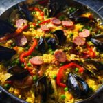 Spanish seafood paella with saffron, mussels and chorizo
