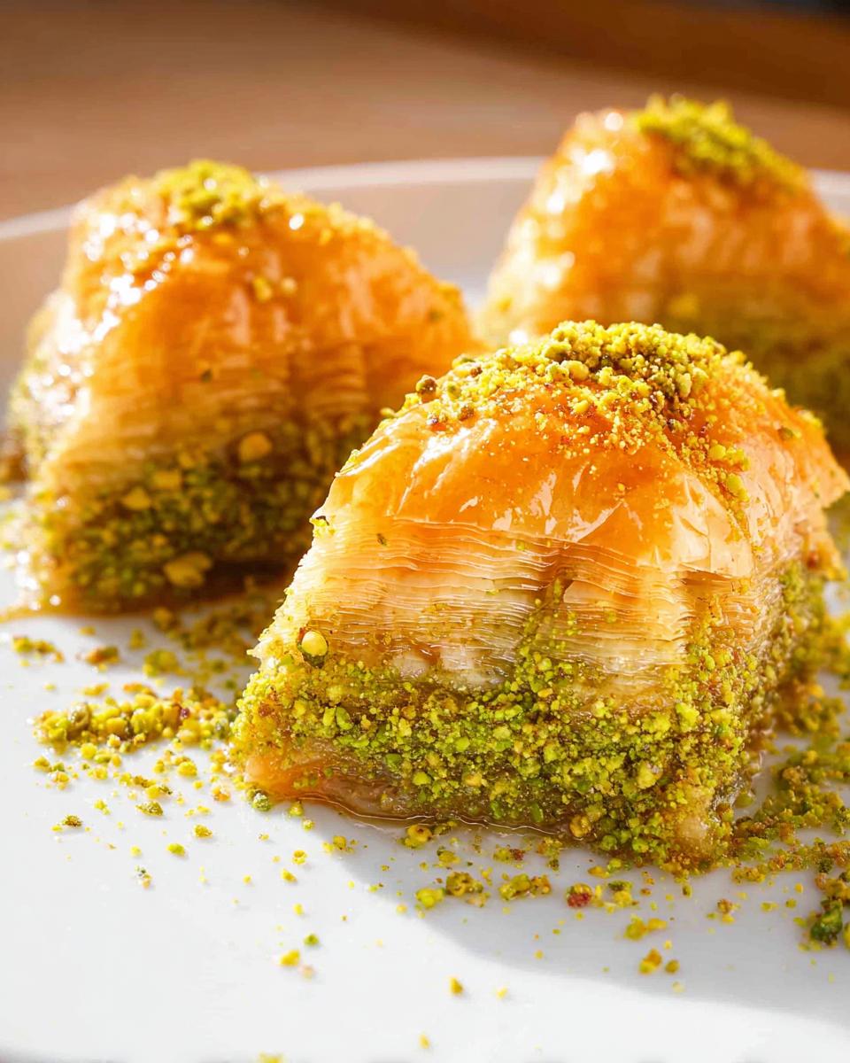 Traditional Turkish baklava with pistachios and honey syrup - detail 1