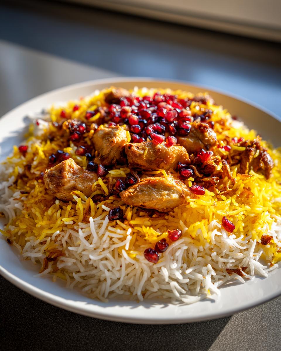 Zereshk polo with chicken (Persian saffron rice with barberries) - detail 1